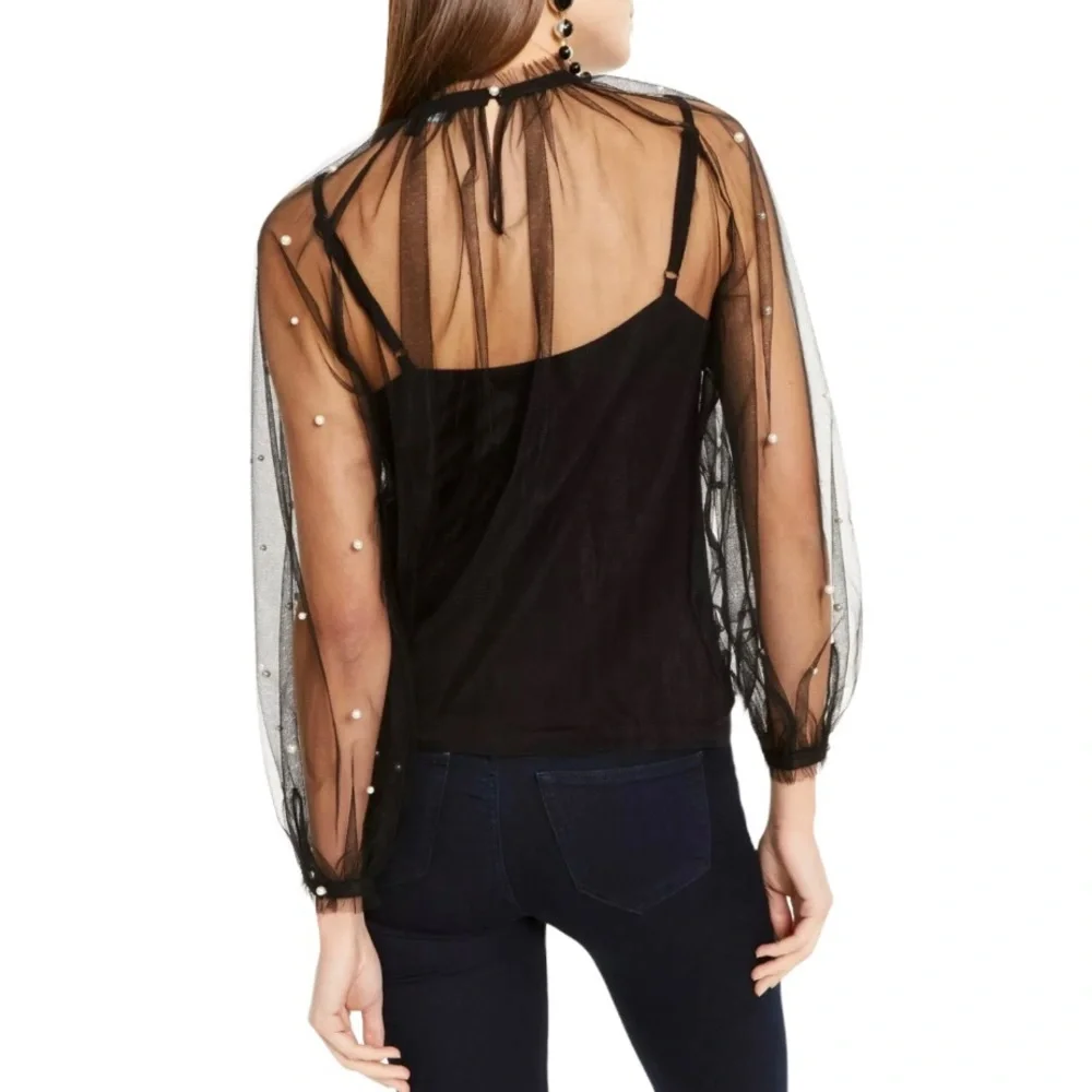 🌸New🌸 Embellished Sheer Mock Top Black INC Sz S - Picture 2 of 9